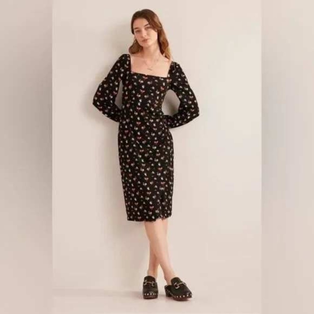 Boden Black Floral Midi Dress Square Neck Puff Sleeve 16-18 R Cottagecore Chic